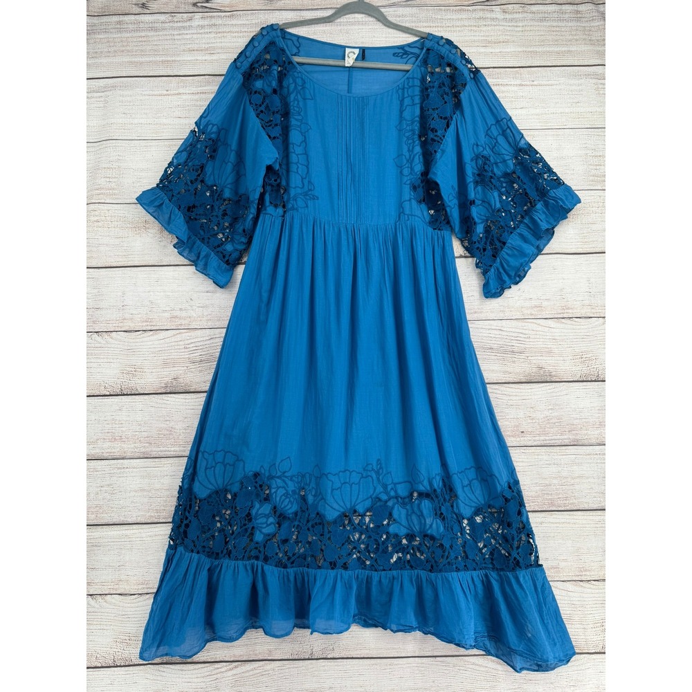 Akemi + Kin Midi Dress Women Small Blue Floral Lace Cutout Boho Ruffle OB709054‎